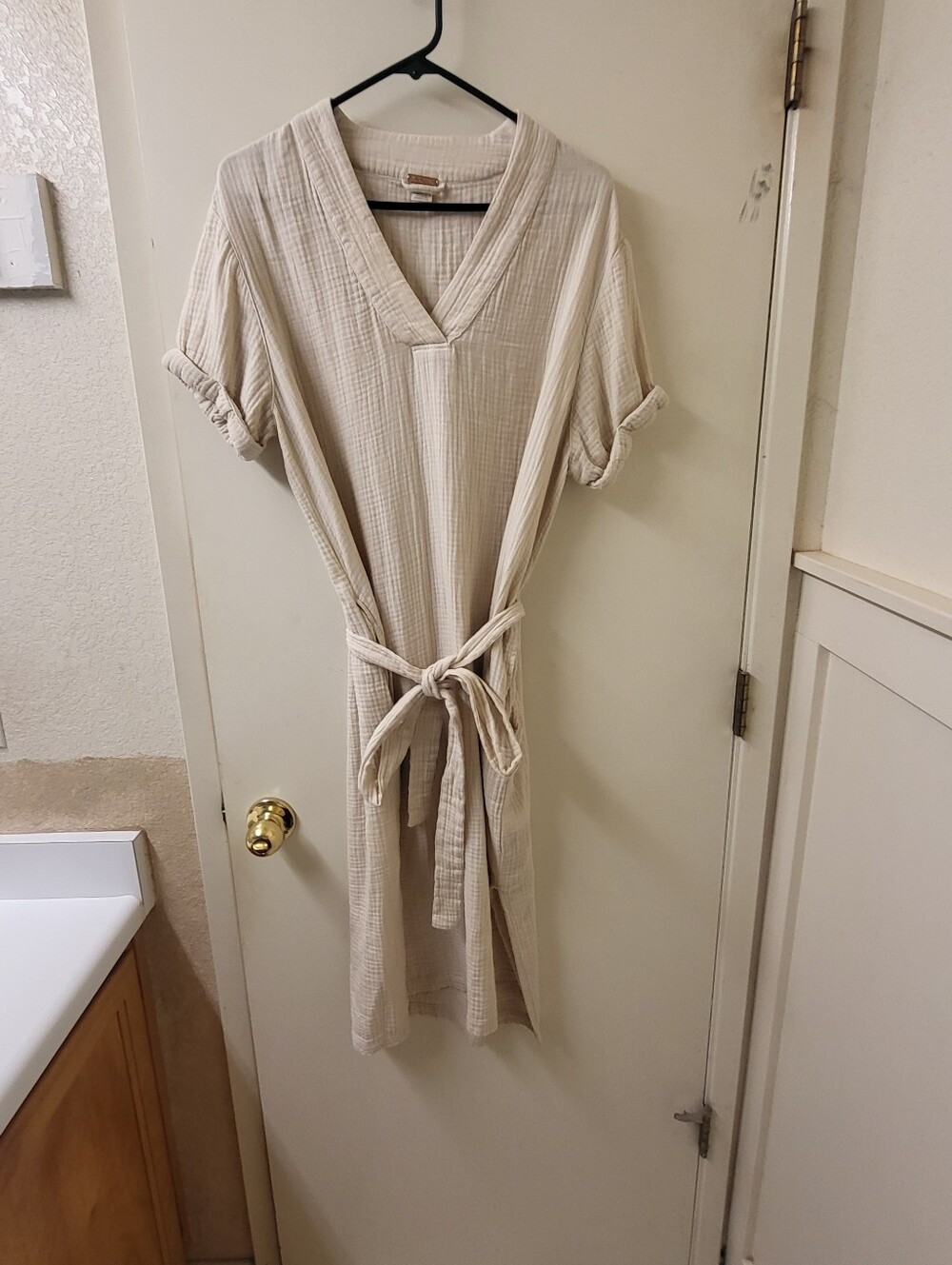 Magaschoni Organic Cotton Gauze V-neck Midi Dress Cream Womens S Loose Relaxed